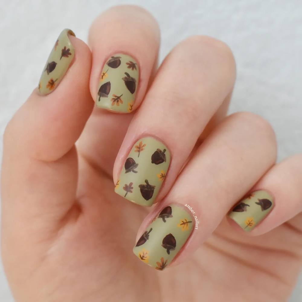Olive Green Nails with Scattered Autumn Motifs