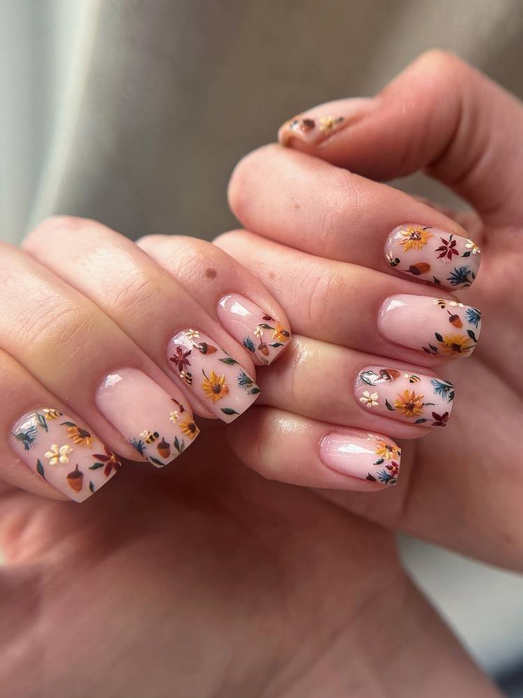 Blush Pink Nails with Delicate Botanical Details