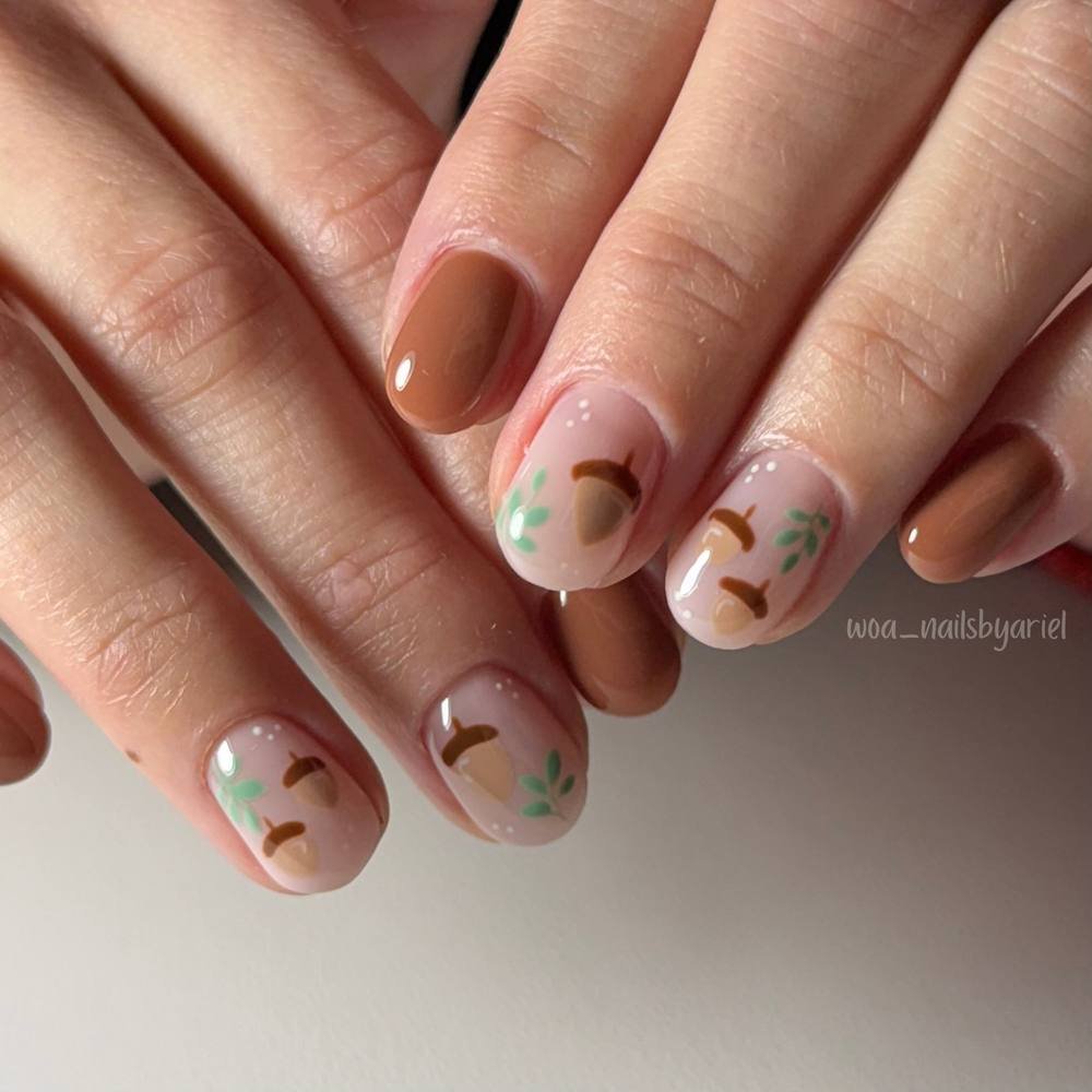 Nude Brown Nails with Minimal Botanical Line Art