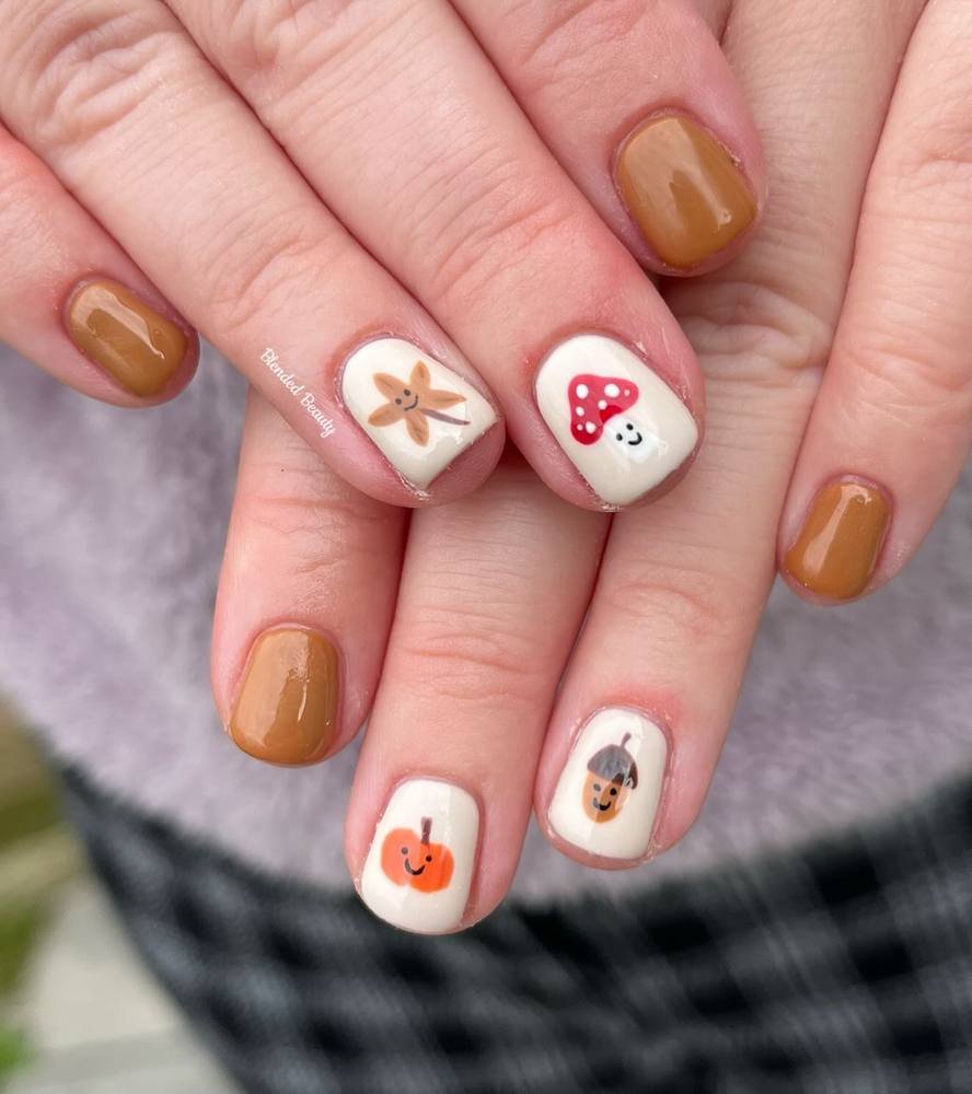 Mustard Brown Nails with Pumpkin and Autumn Motifs