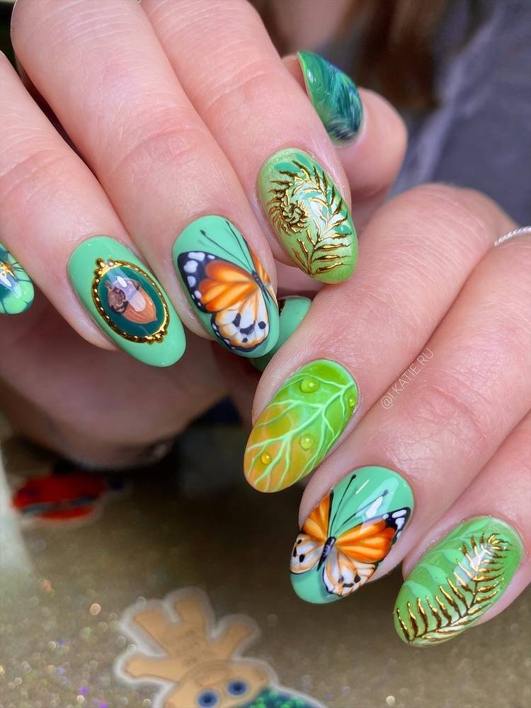Bright Green Nails with Colorful Botanical and Fruit-Like Motifs