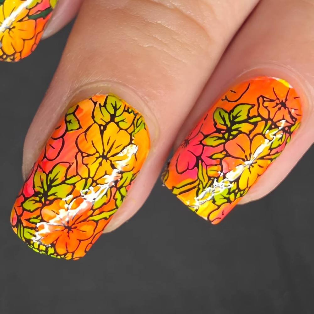 Vivid Orange Nails with Black and Yellow Botanical Linework