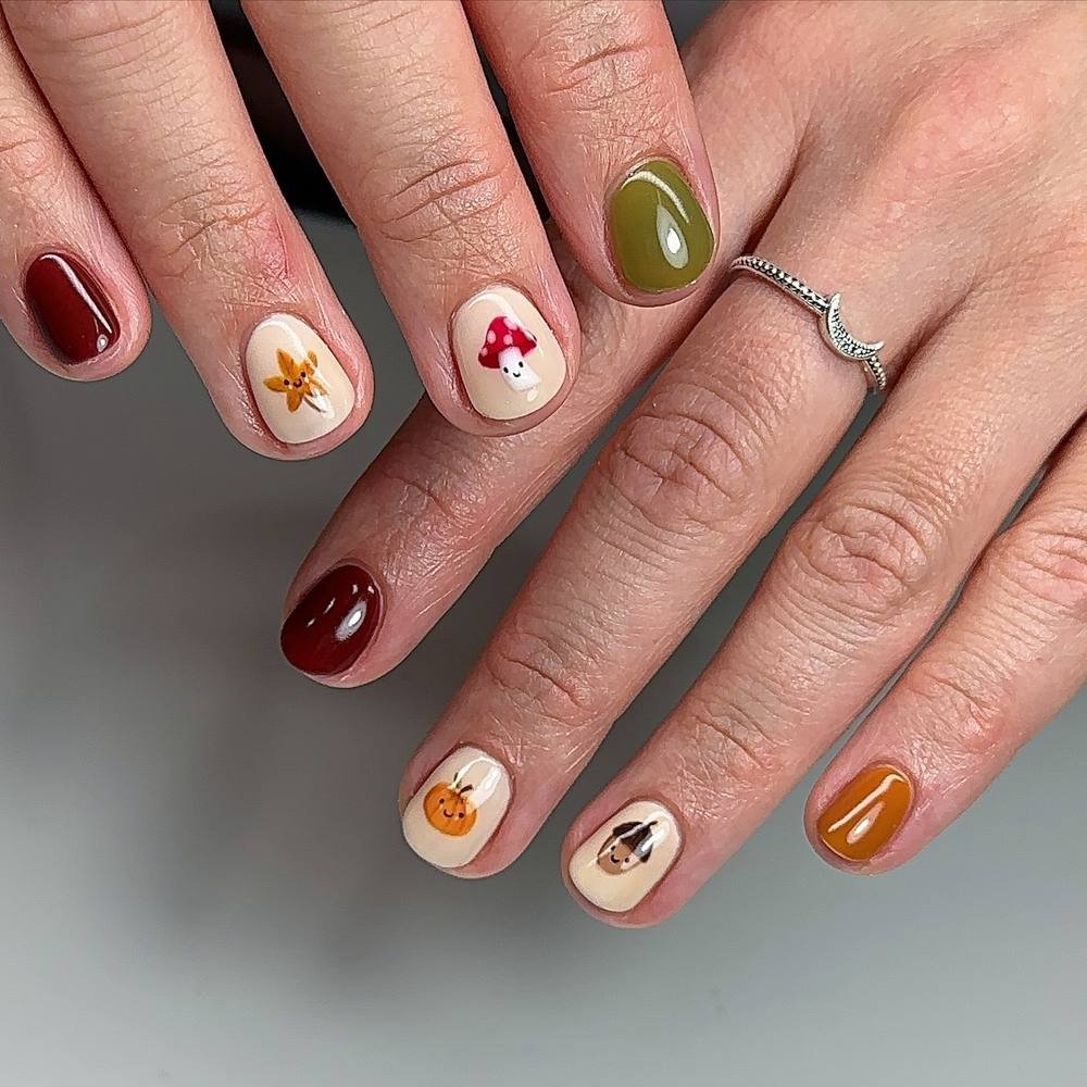 Mixed Burgundy, Olive, Nude, and White Autumn Nails