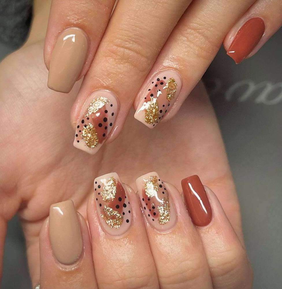 Neutral Brown Nails with Gold Flecks and Speckled Accents