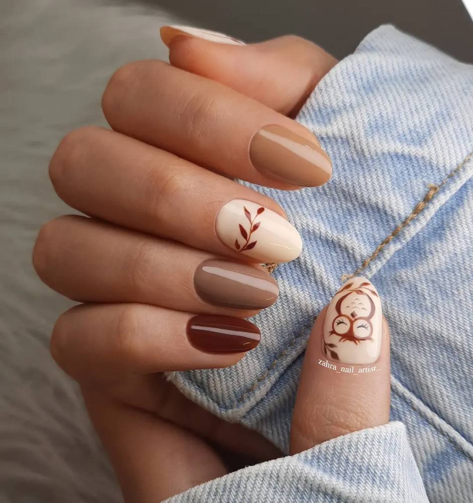 Taupe and Brown Nails with a Tiny Autumn Illustration