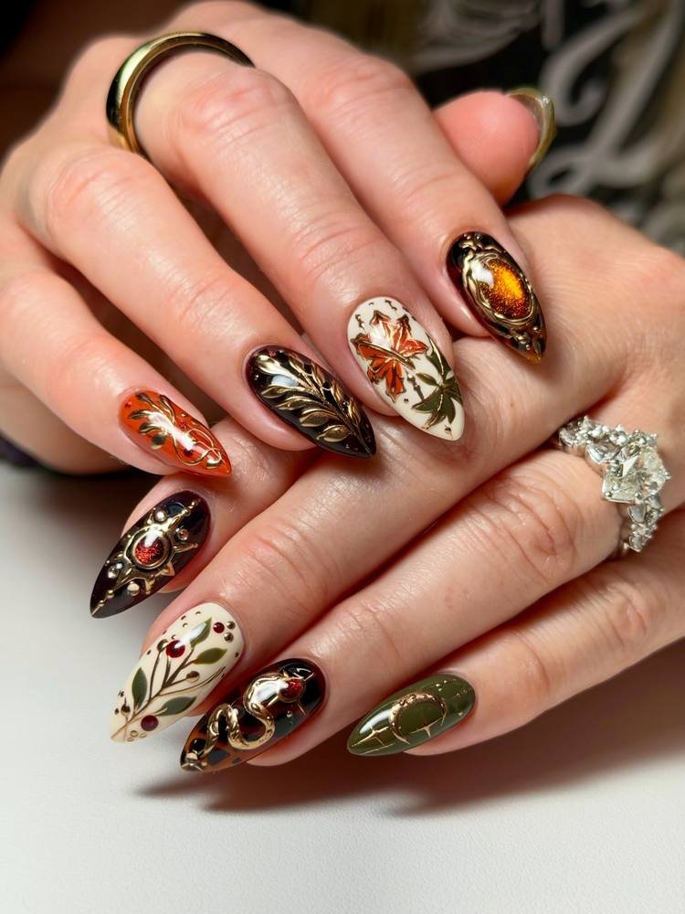 Dark Brown and Cream Nails with Ornate Botanical Details