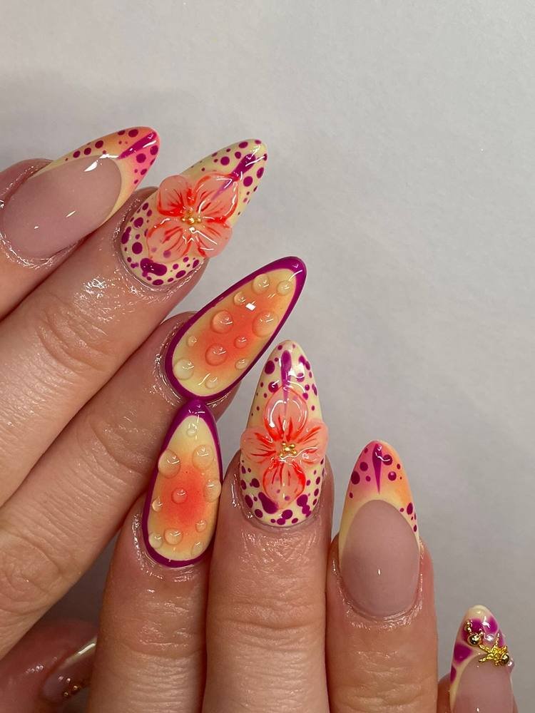 Blush Pink Nails with Bright Floral Accents