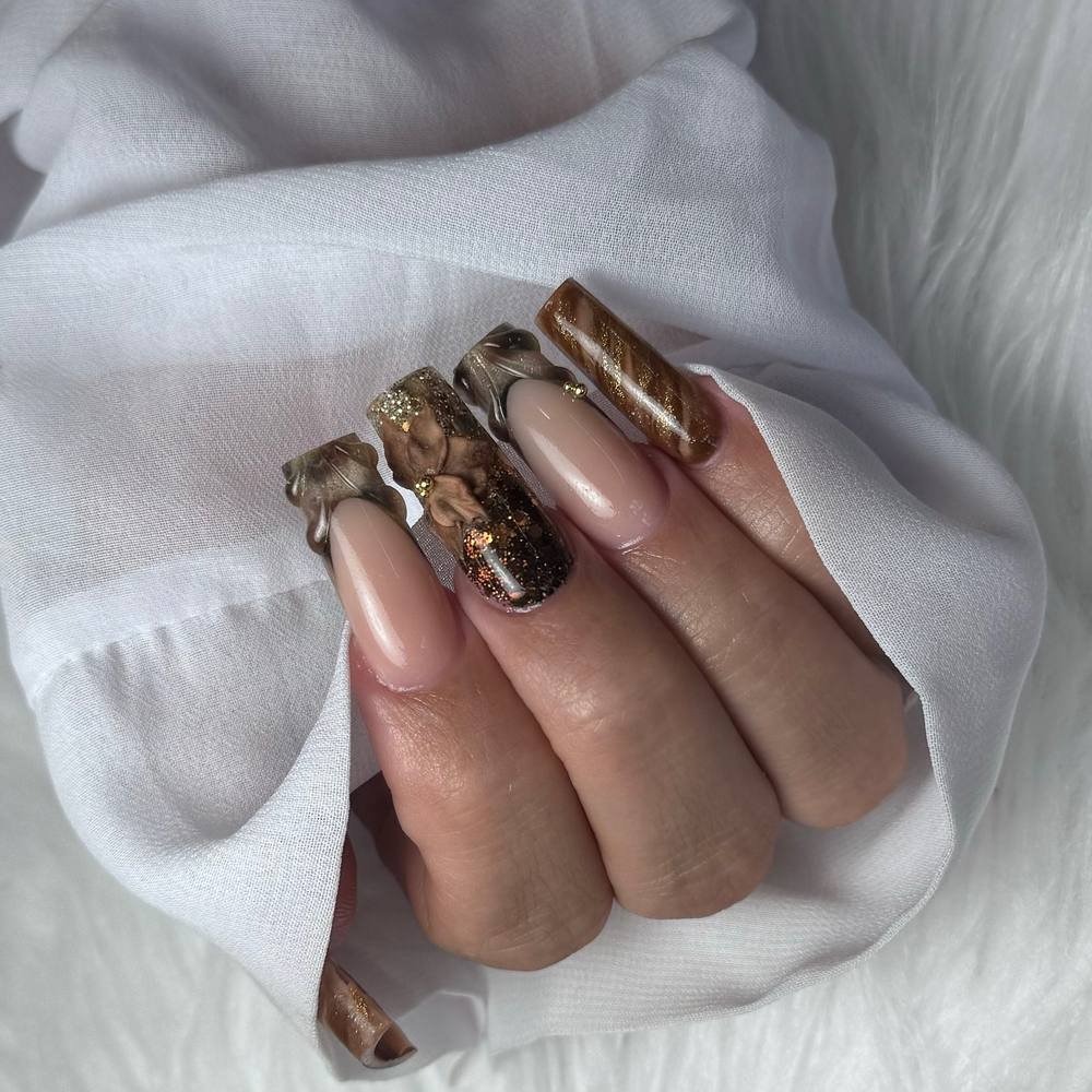 Sheer Pink Nails with Brown and Gold Textured Accents