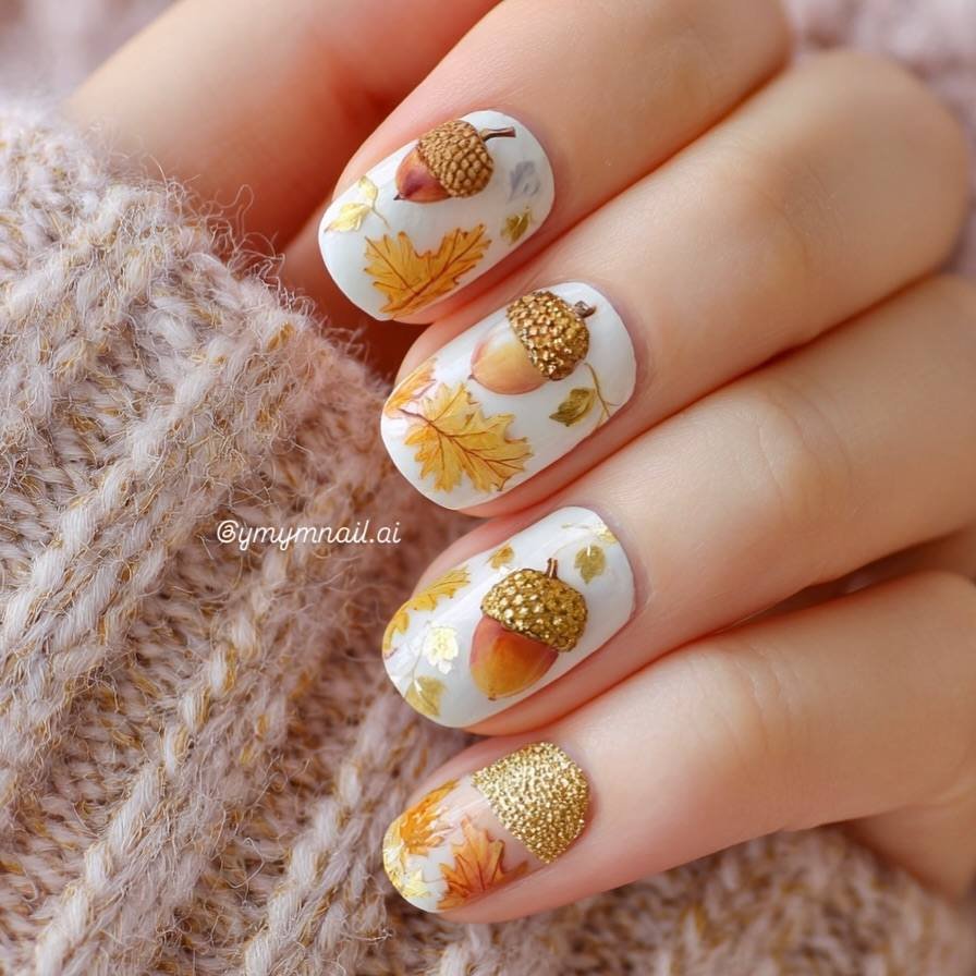 White and Gold Nails with Autumn Fruit and Leaf Motifs