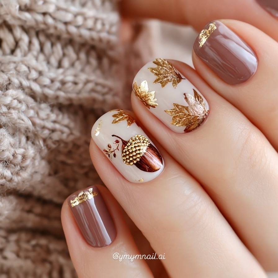 Sheer Pink Nails with Gold Autumn Illustrations