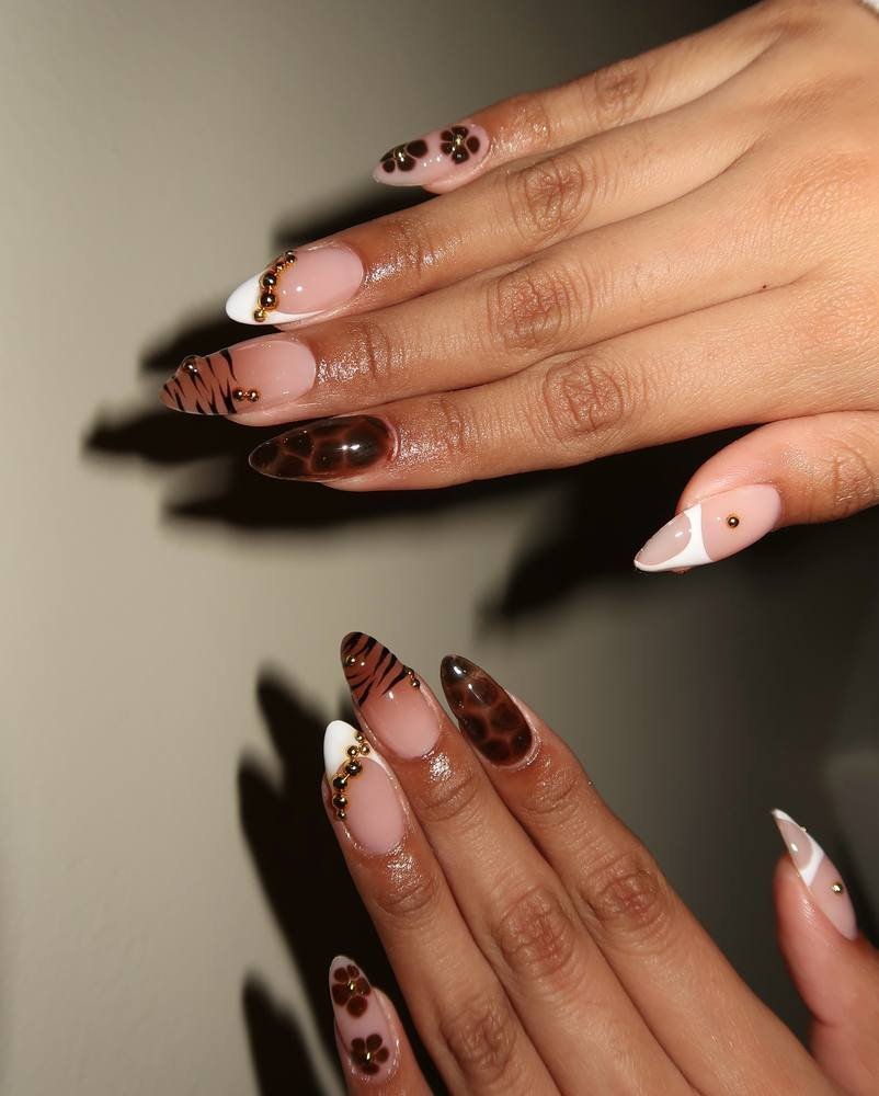 Brown and Pink Nails with Leopard-Like and Floral Details