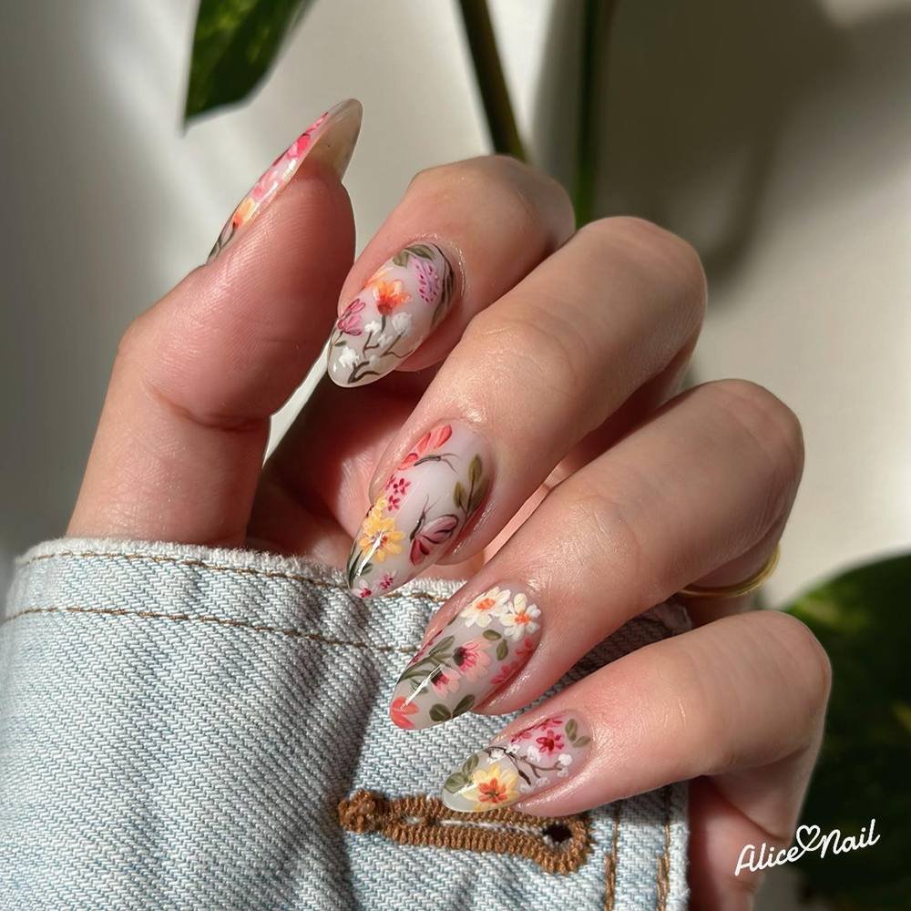 Sheer Pink Nails with Colorful Floral Artwork