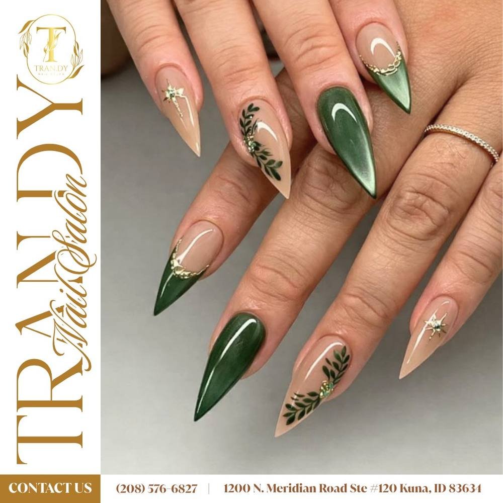 Green and Nude Stiletto Nails with Botanical Accents