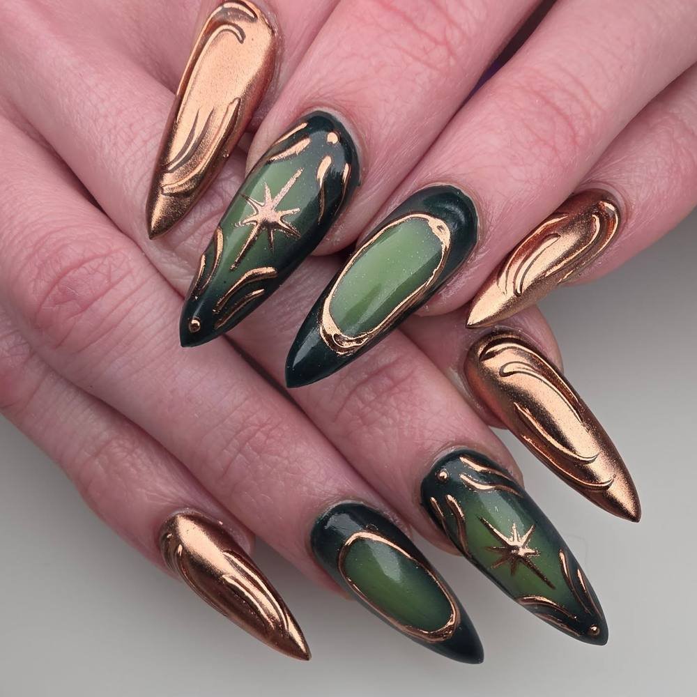 Deep Green and Rose-Gold Nails with Star Details