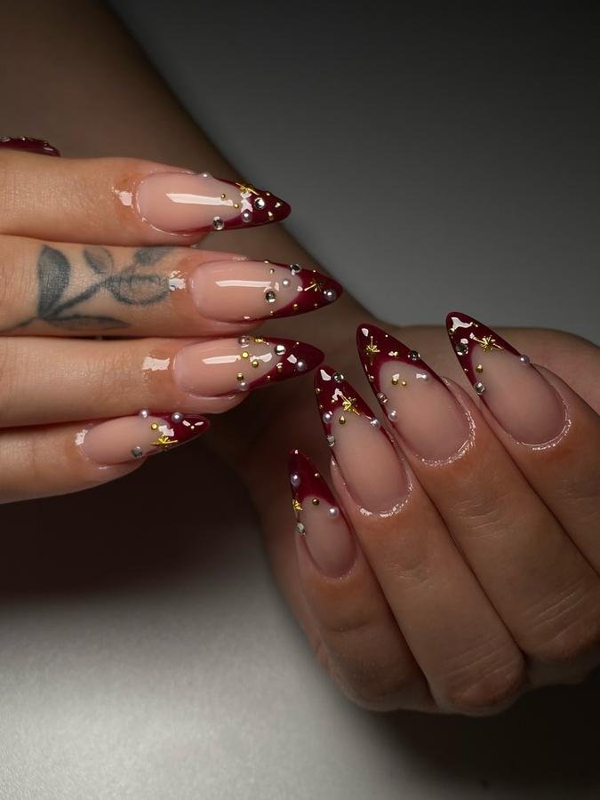 DSTpQ_2CZDENails By Jenny — Burgundy and Gold Embellished French Almond Nails
