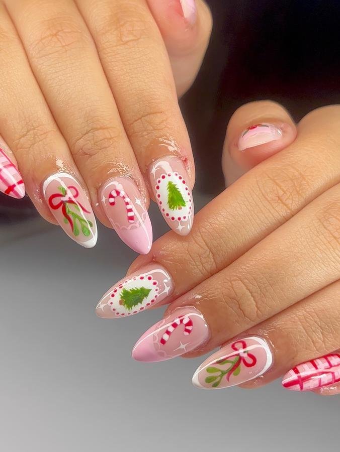 DSAqJpFEYTBpaisley mae — Pink Candy Cane Bow and Christmas Ornament Almond Nails