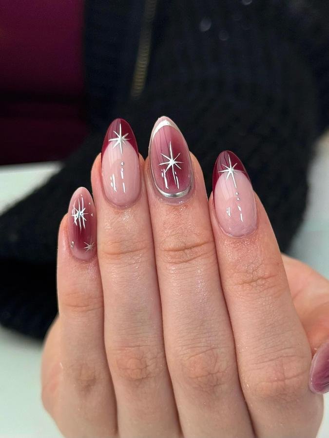 DRWjC23jPGXAmy Louise Nails — Sheer Pink Almond Nails with White Starbursts