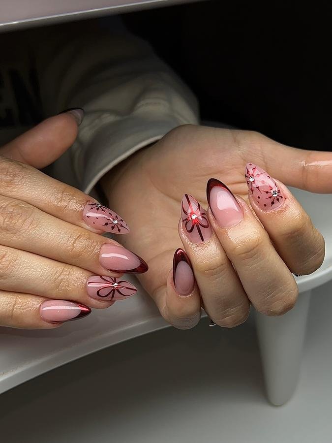 DSYQL8nEjleJacqueline Garcia — Pink Almond Nails with Burgundy French Tips and Bow Details