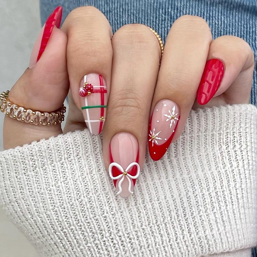 DR-g8Zjks09NailzKatKat — Red, Pink and White Christmas Bow Almond Nails