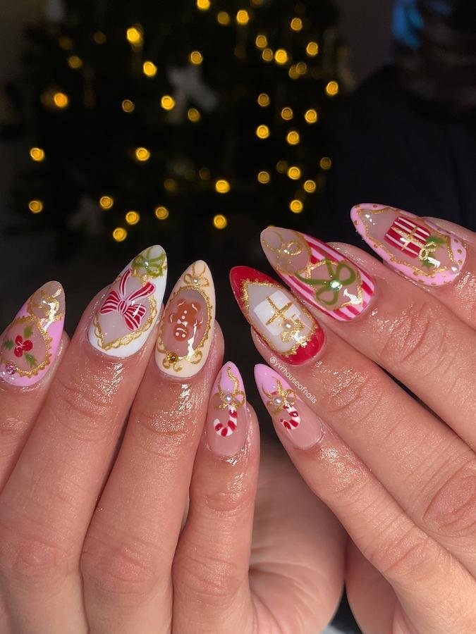 DSK_cIaAUxzGurleen — Pink and Gold Holiday Ornament Almond Nails