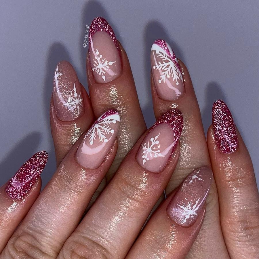 C02g9Adr4rw — Sparkly Burgundy Almond Nails with White Snowflakes