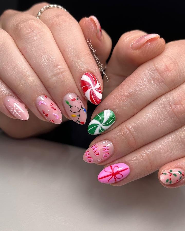 DDkeWWeMvpHCarrie Williams Nail Artist — Pink Peppermint and Christmas Ornament Almond Nails