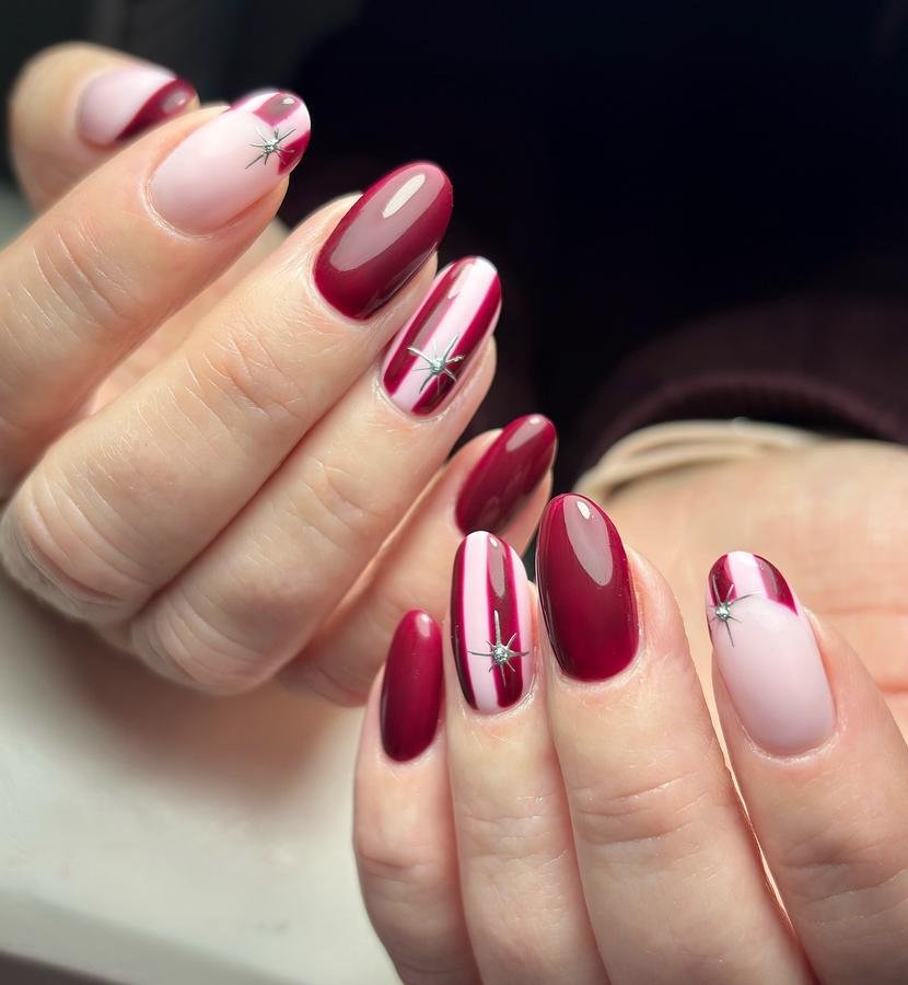 DRVOTcrCobON A I L S B Y K A T I E — Burgundy and Blush Almond Nails with White Stripe Accents