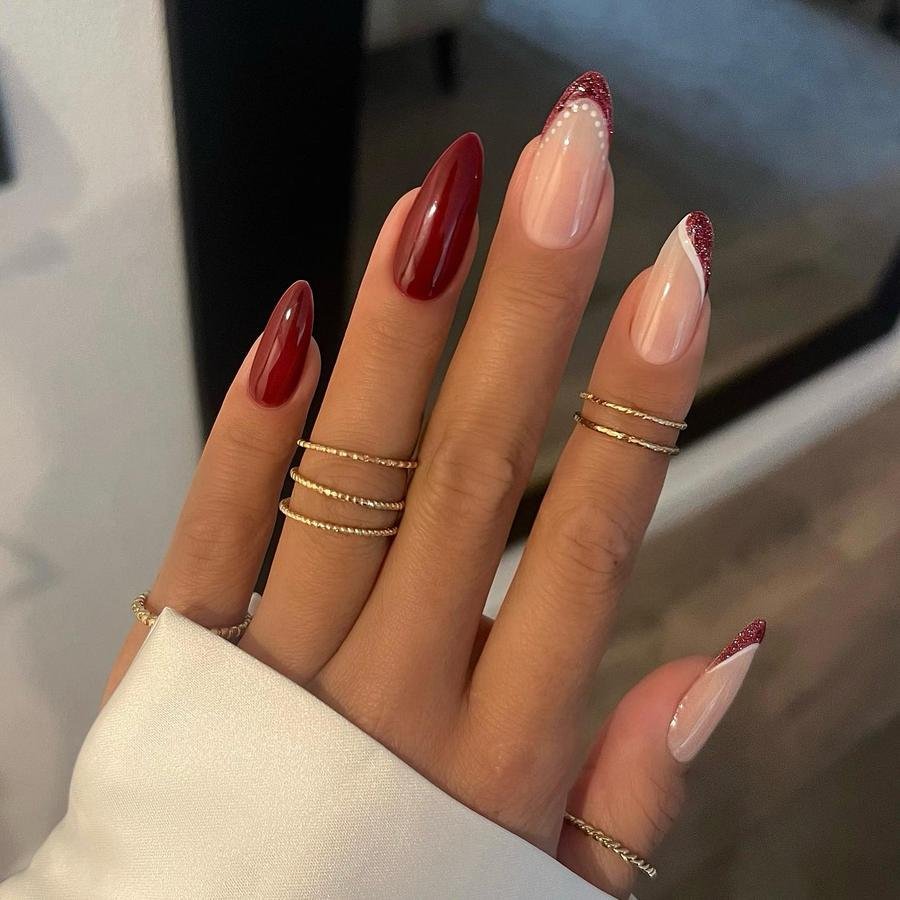 C0l8JPaMR9TFrancy Talisa — Deep Red and Nude Almond French Nails
