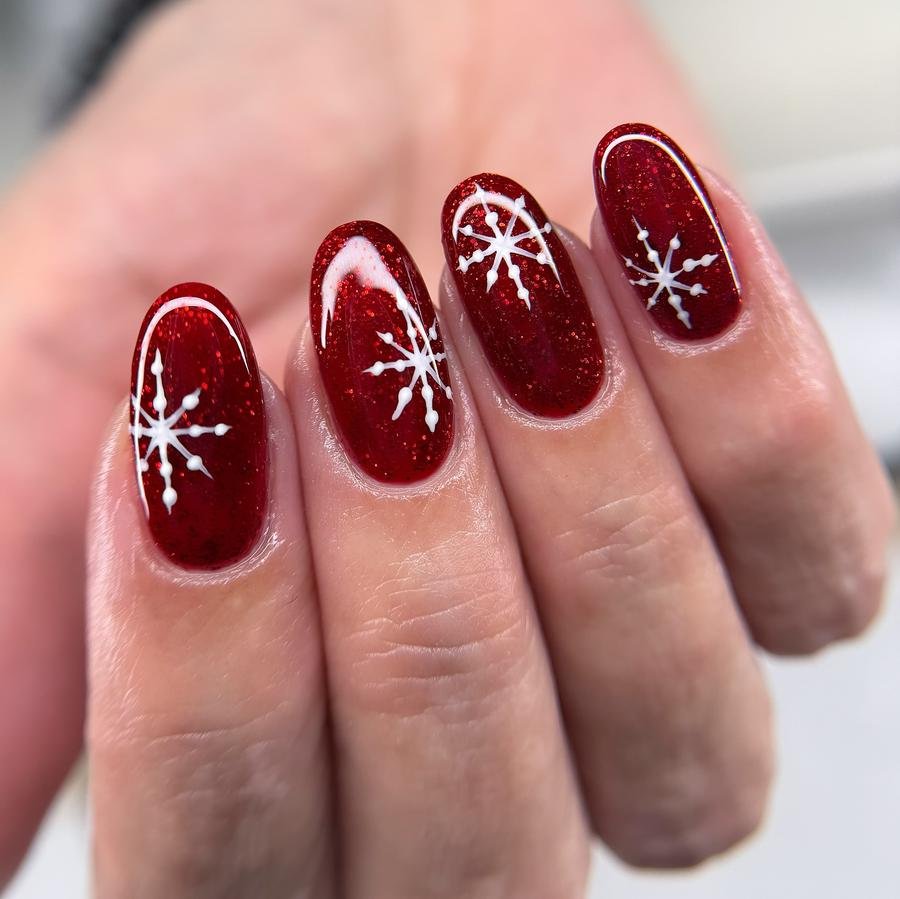 DRtwnivDcmQNail Bath ️ — Burgundy Glitter Snowflake Rounded Nails