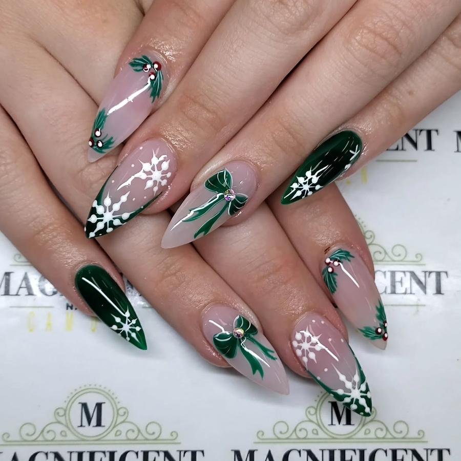 DRCDPVAk-cFMagnificent Nails Spa — Green and Blush Christmas Almond Nails with White Snowflakes