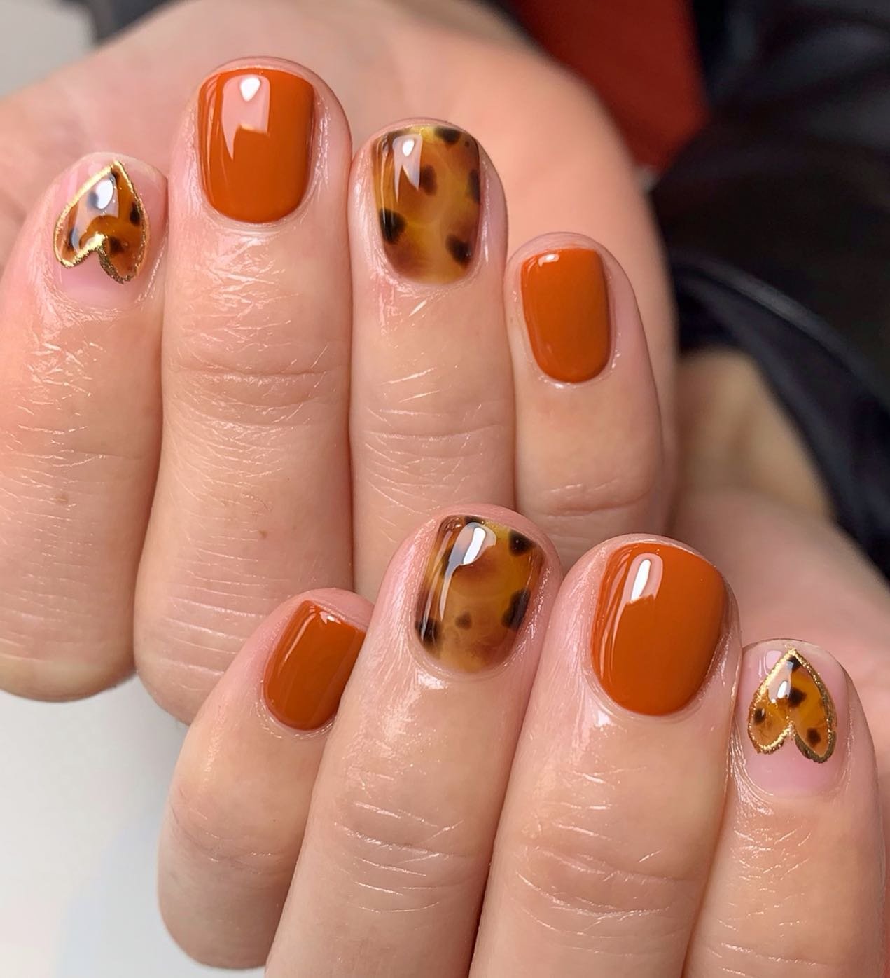 Rust Orange and Tortoiseshell Nails with Gold Accents