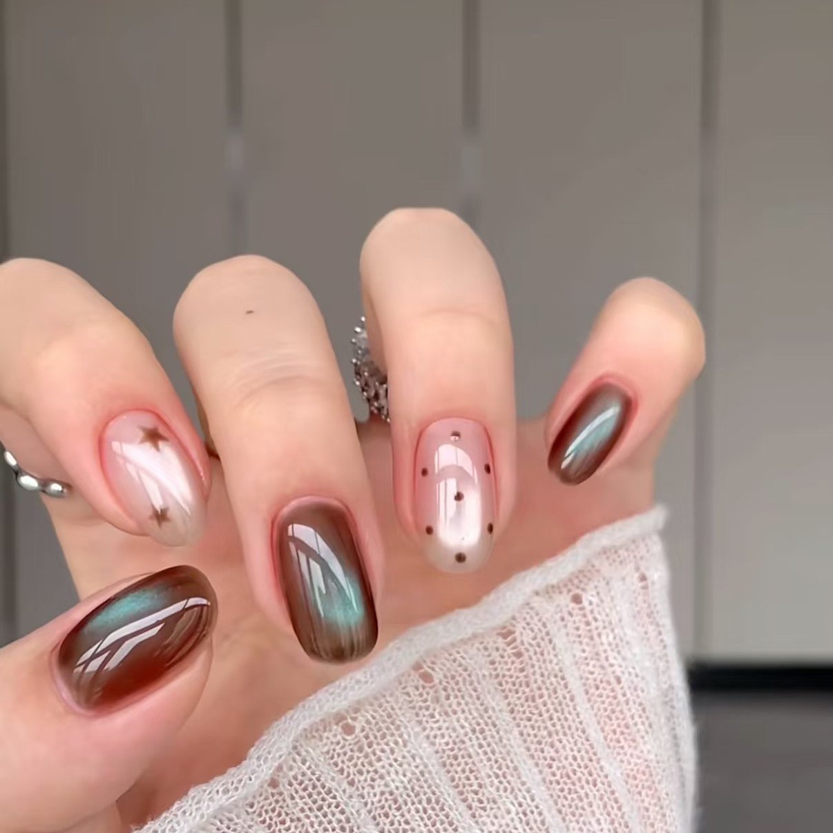 Pink, Brown and Teal Reflective Accent Nails