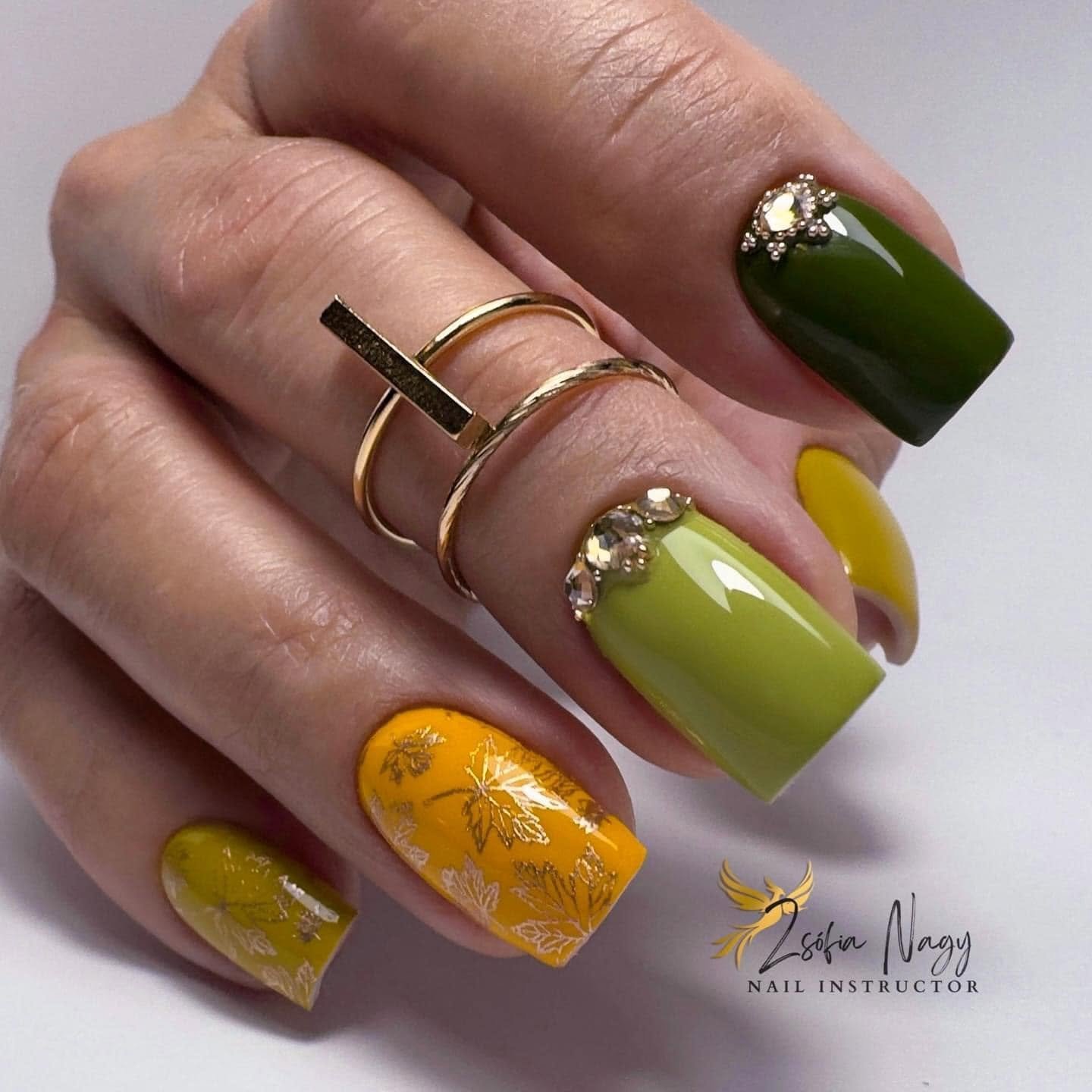 Olive Green and Mustard Nails with Gold Details