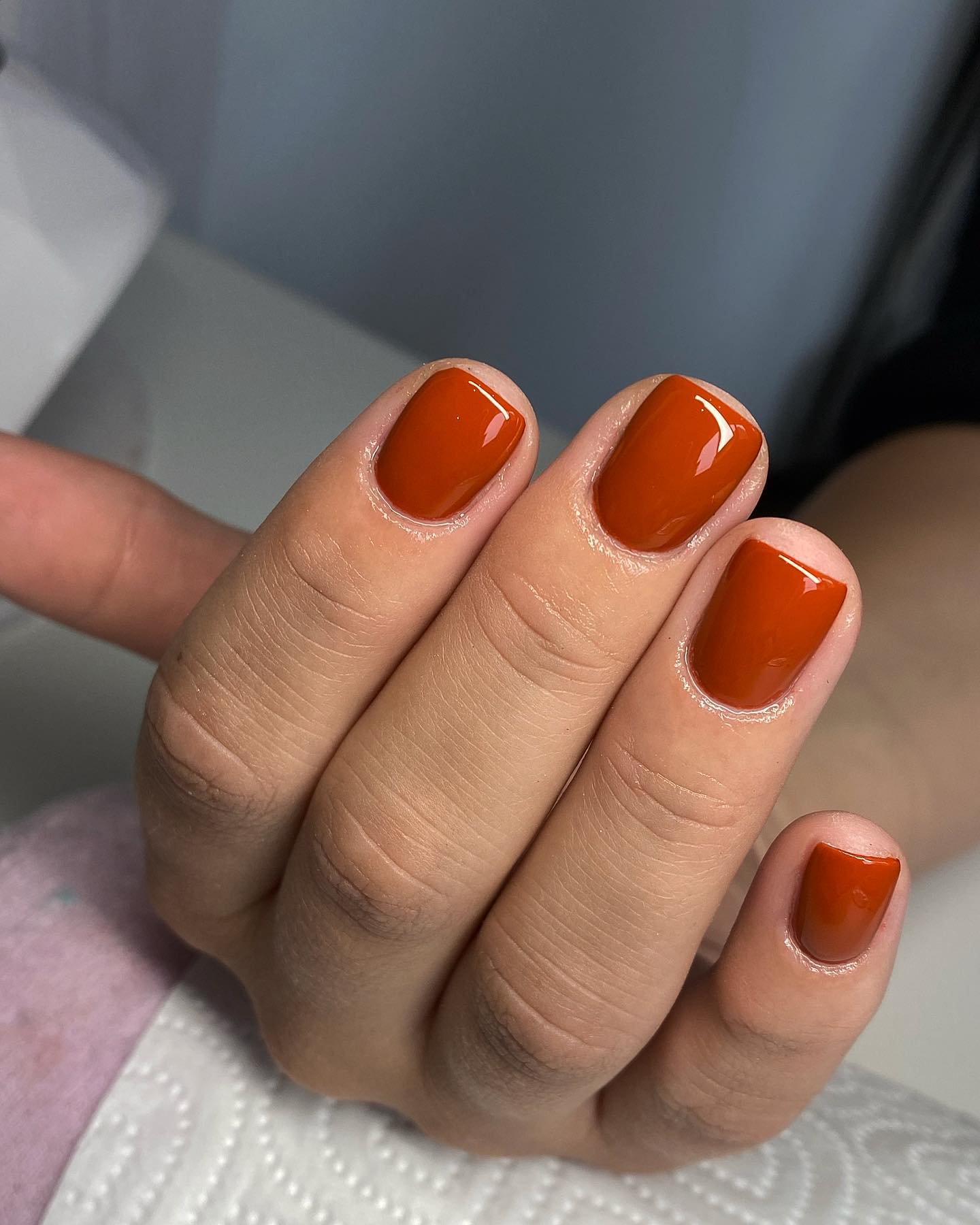 Glossy Rust-Orange Short Square Nails