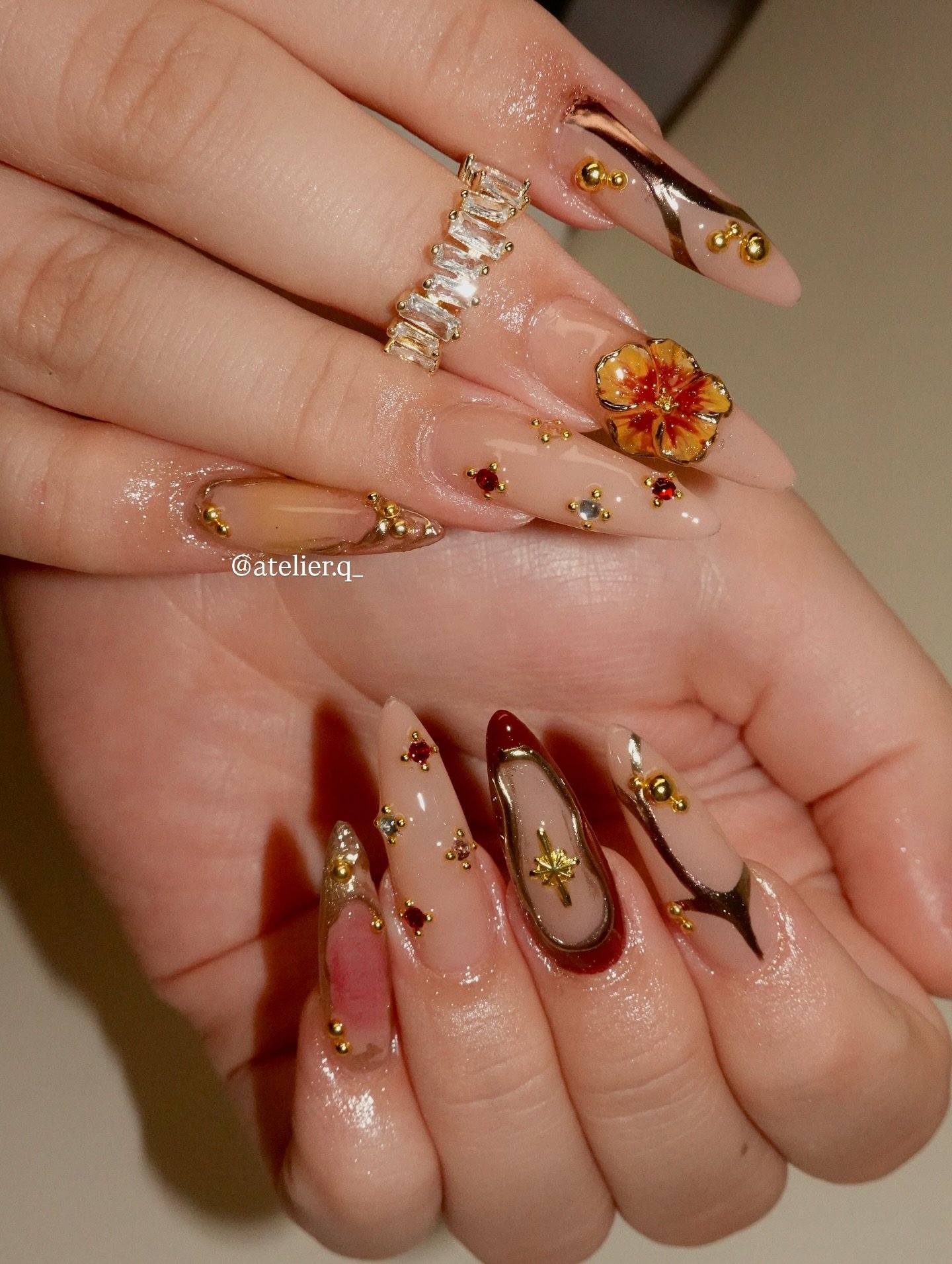 Sheer Nude Nails with Burgundy, Gold and Floral Details