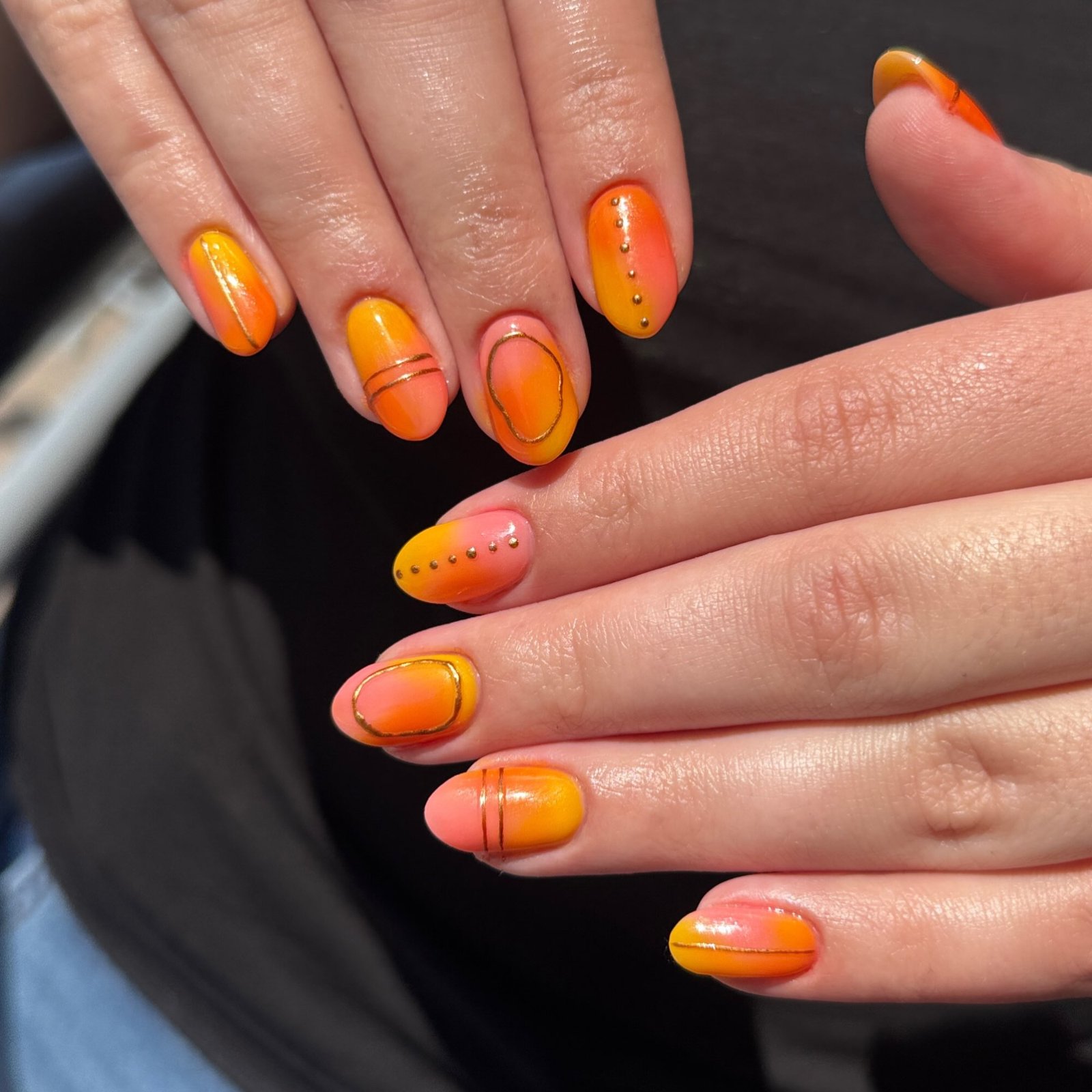 Orange and Yellow Gradient Nails with Fine Dot Details