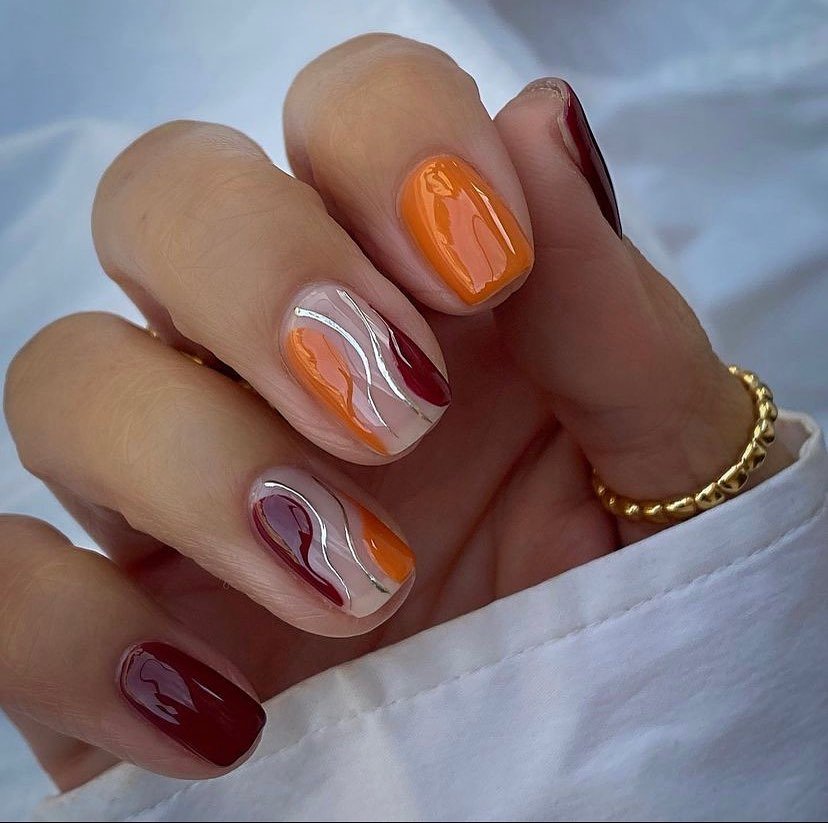 Orange, Pink and Burgundy Abstract Nails