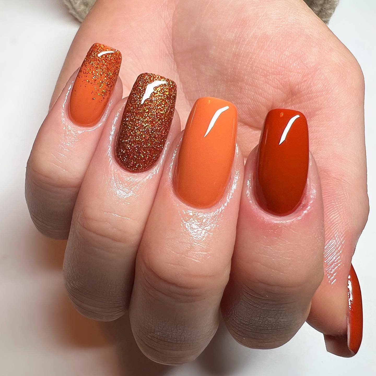 Orange, Copper Glitter and Red Glossy Nails