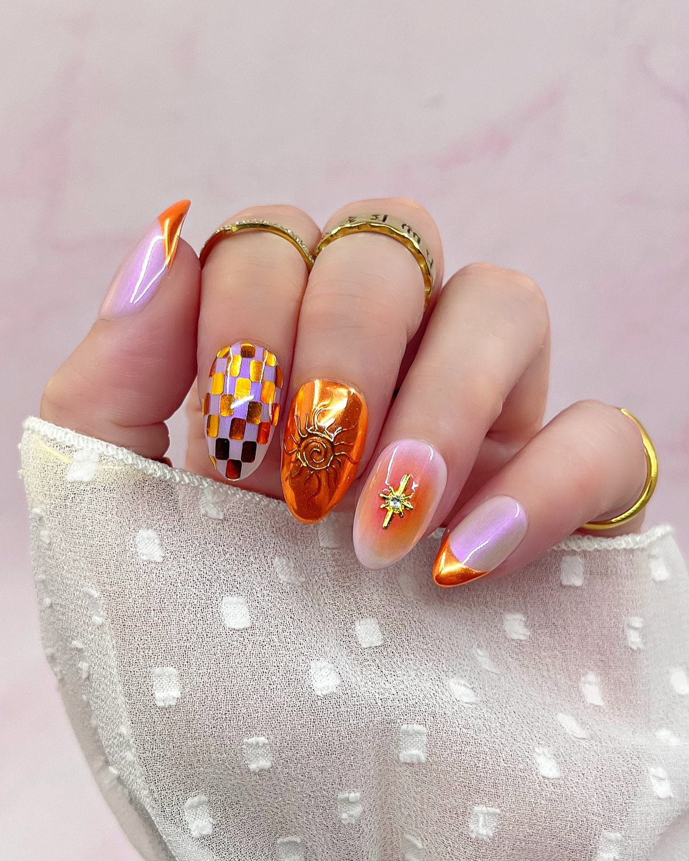 Orange and Pink Checkerboard Accent Nails