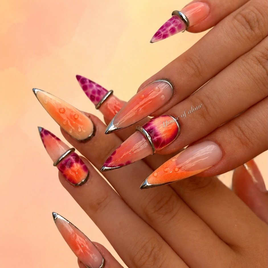 Long Orange and Pink Pointed Abstract Nails