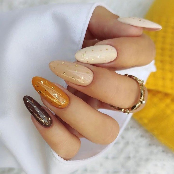 Cream, Beige, Mustard and Brown Almond Nails