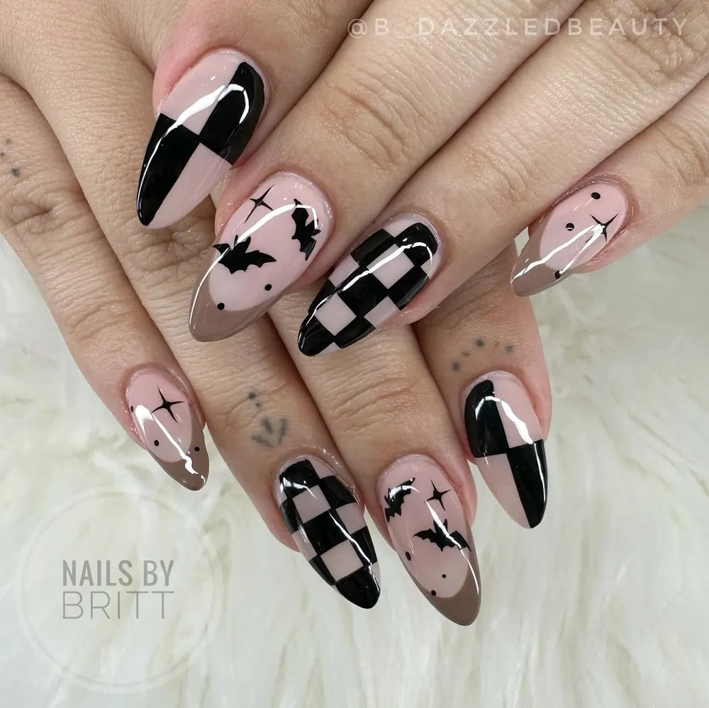 Black, White, and Nude Almond Bat Nails