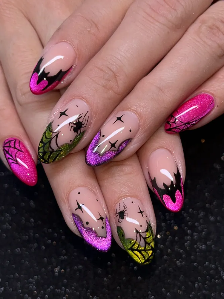 Pink Glitter Tips with Bat and Web Accents