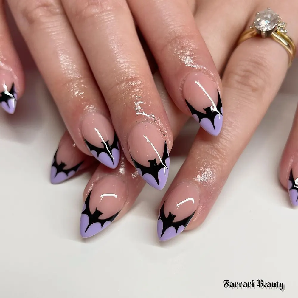 Lilac and Black Bat-Tip Almond Nails