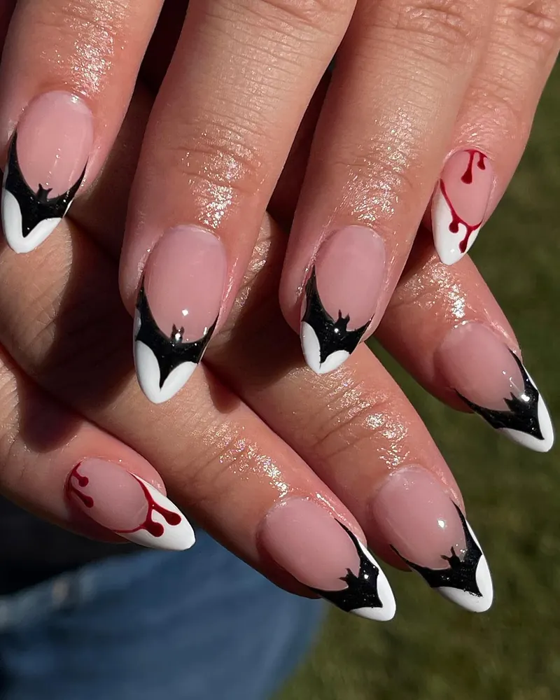 Nude, Black, and White French Tips with Bat Details