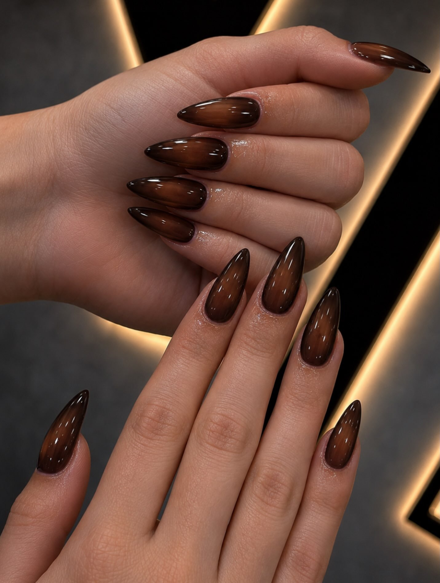 Glossy Deep Brown Almond Nails