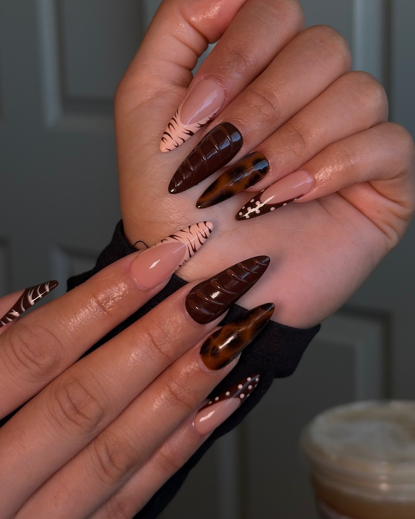 Pointed Brown Tortoiseshell and Nude Nails
