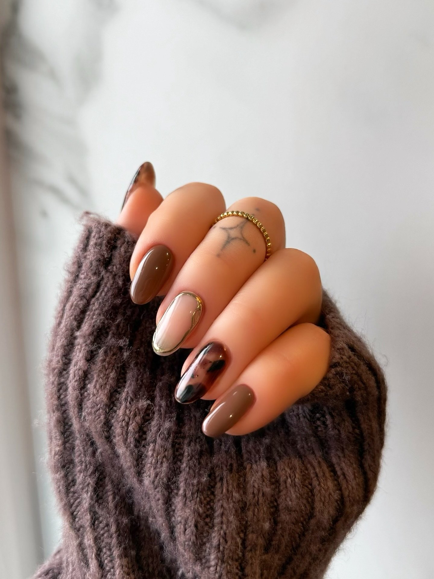 Caramel Brown and Nude Almond Nails