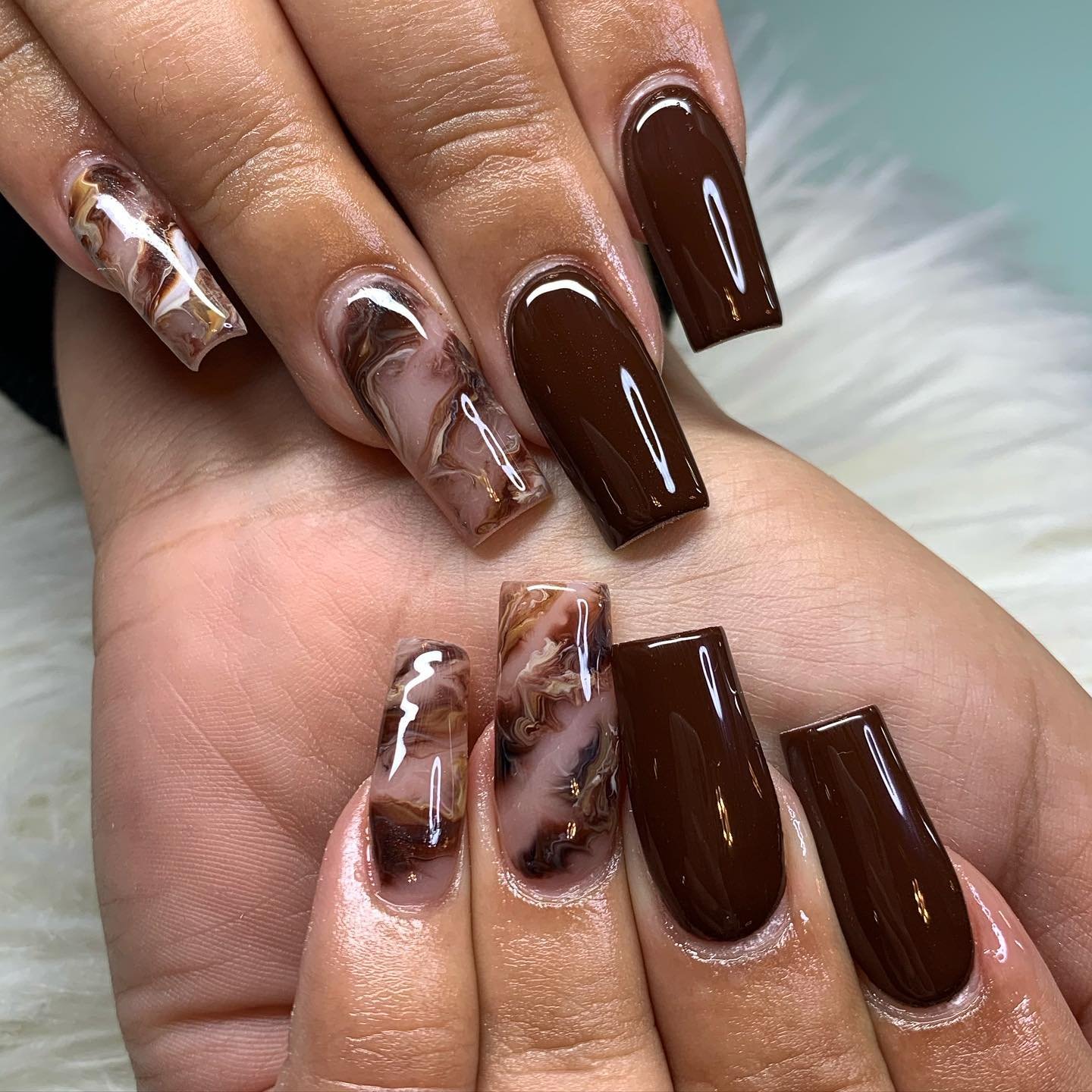 Glossy Chocolate Brown and Marbled Square Nails