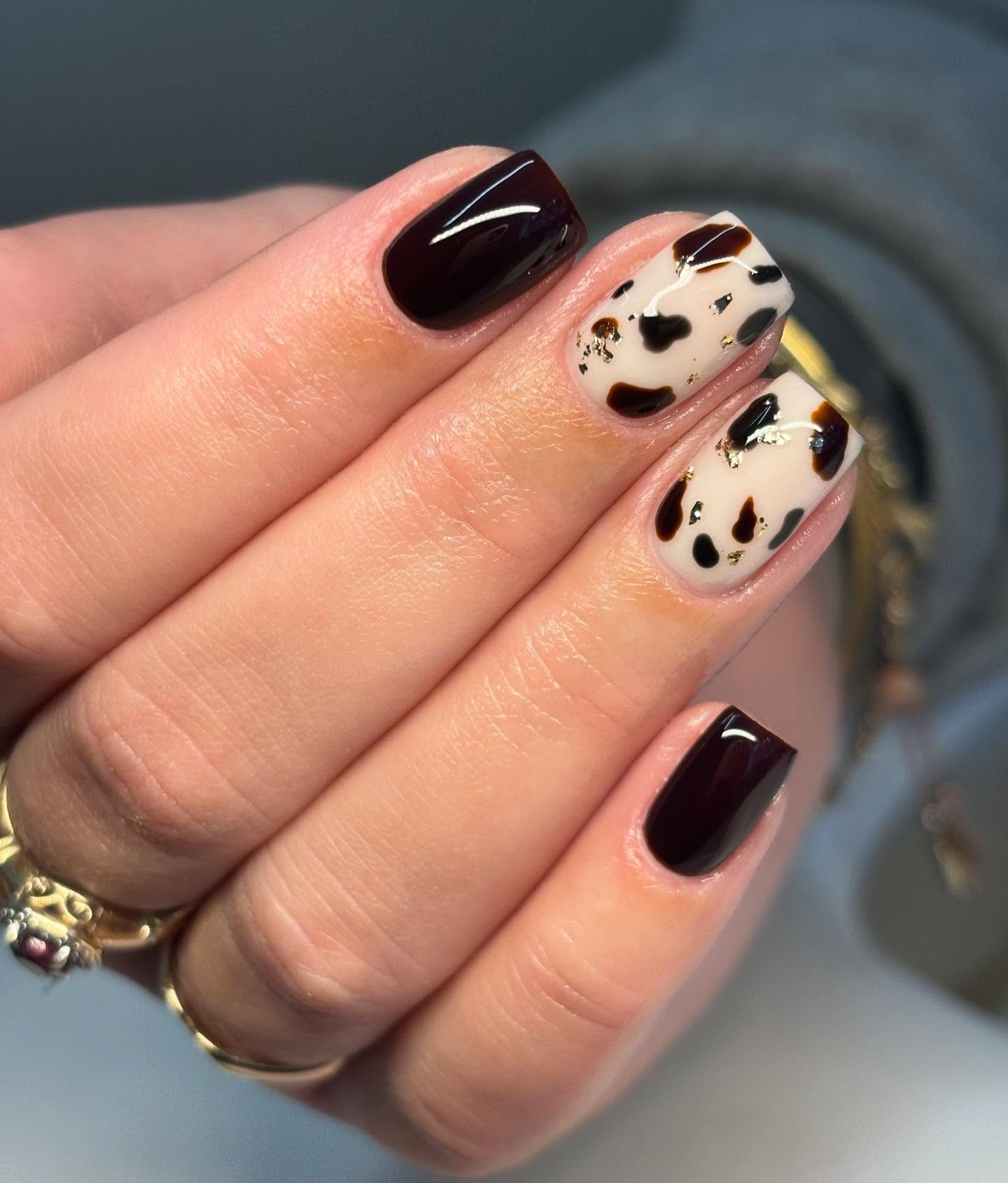 Brown Nails with Cream Spotted Accents